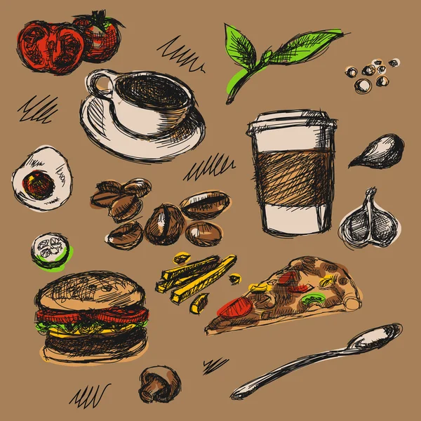 Jedzenie kawiarnia ilustracja cofe herbaty pizzy hamburger — Zdjęcie stockowe