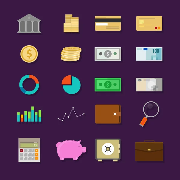 Płaski zestaw pieniądze finanse bankowość ikon — Wektor stockowy