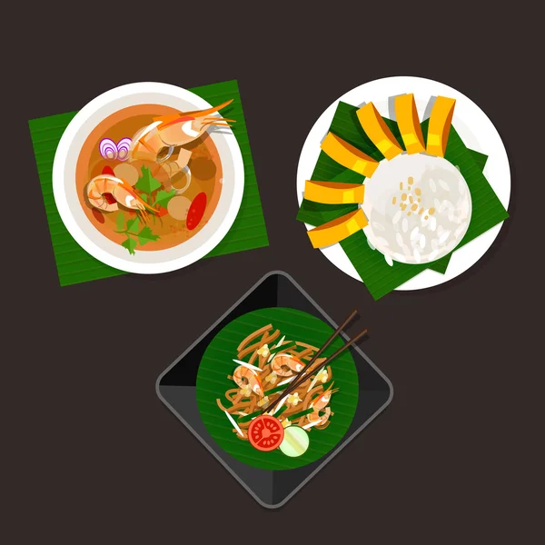 태국 음식 톰 얌 찹쌀 망고 패드 타이어 — 스톡 벡터