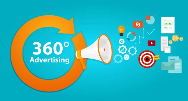 Anúncios de conceito de agência de cobertura completa 360 publicidade — Vetor de Stock