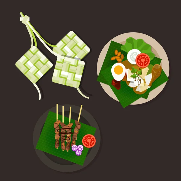 Lebaran ketupat idul fitri ied żywności sate opor ayam — Wektor stockowy