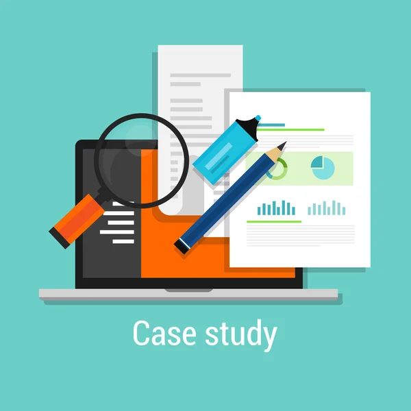 Case study studies icon flat laptop magnifier — Stock Vector