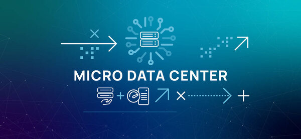 Иконки Micro Data Center показывают серверные стойки хранения и потока данных, представляющие собой передовую вычислительную модульную инфраструктуру и децентрализованное управление данными
