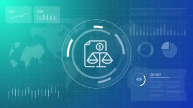 Denge tablosu yasal temsil eden belge ve ölçek simgesi ile dijital mavi arkaplan rapor