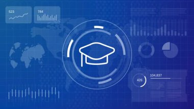 Mezuniyet başlığı canlandırması çevrimiçi eğitimi ve teknolojik veri arkaplanındaki dijital öğrenmeyi sembolize ediyor