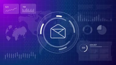 Mavi teknoloji veri arayüzü üzerinde dijital iletişimi ve mesajı temsil eden canlandırılmış e- posta simgesi