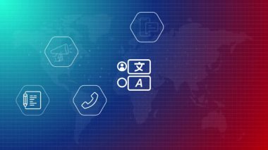 Küresel iletişim ve dünya haritası arkaplanı ve dijital arayüz simgeleri ile uluslararası iş bağlantıları için çok dilli çeviri hizmeti