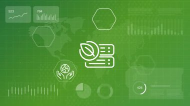 Çevre dostu sunucu altyapısı ve sürdürülebilirlik simgeleri dijital izleme arayüzüne sahip yeşil veri merkezi teknolojisi