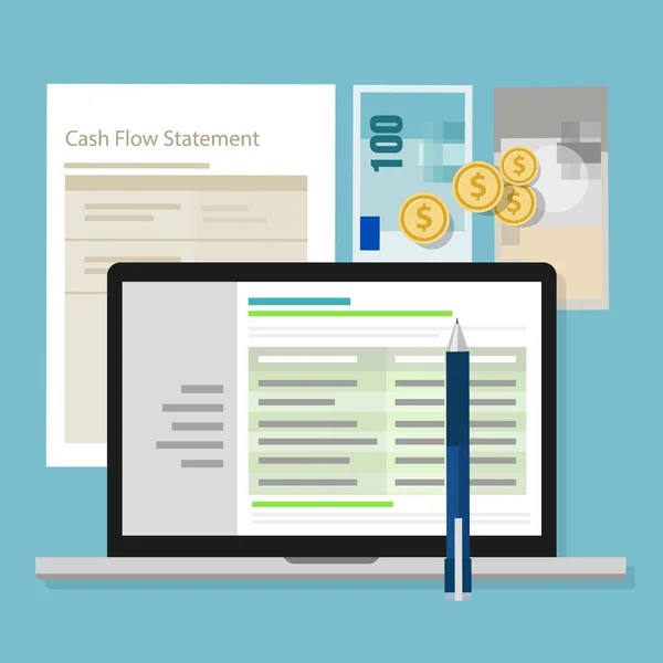 Cash-flow verklaring boekhoudkundige software geld calculator toepassing laptop — Stockvector