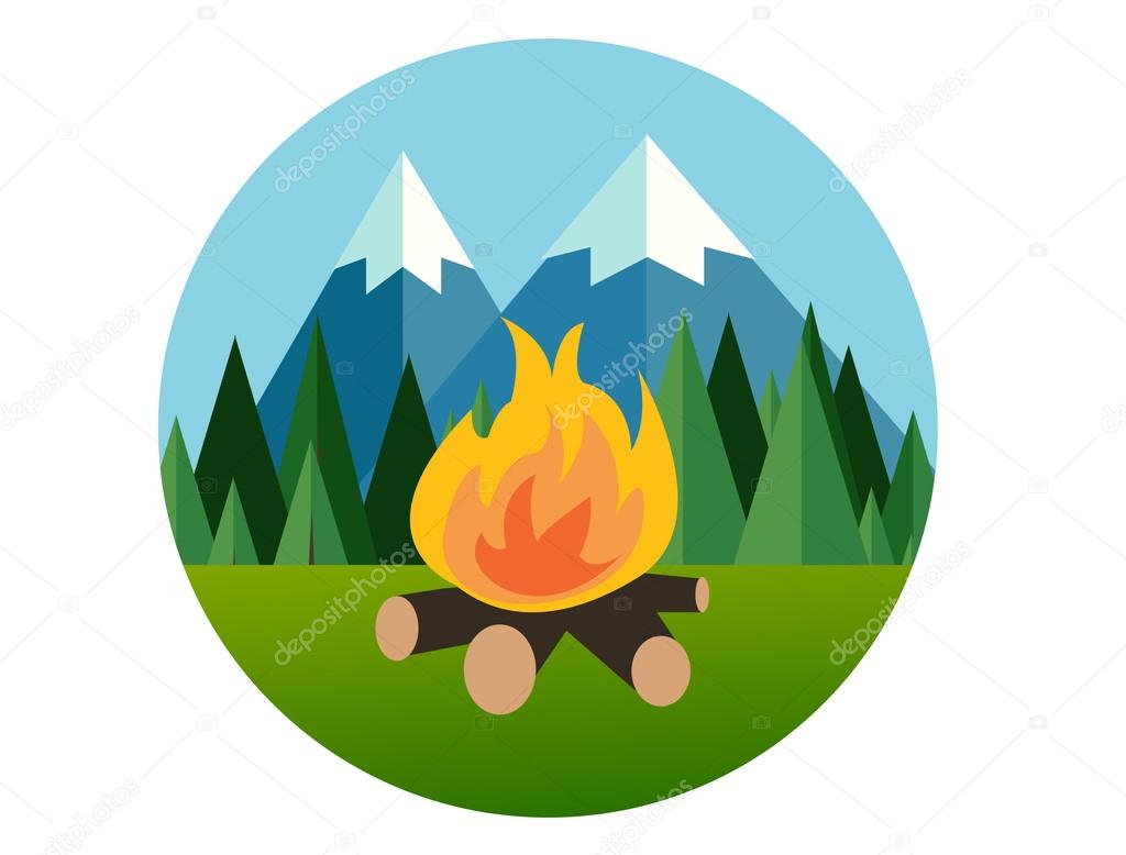 camp fire in forest mountain flat icon pine tree  jungle vector graphic