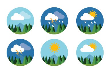 düz vektör tahmin gökyüzü bulut güneşli gök gürültüsü hava Icon set