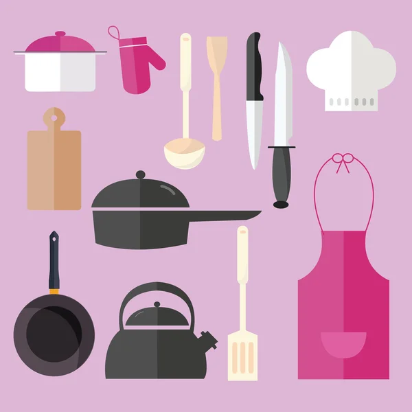 Icono de cocina conjunto de objetos en rosa cocina chef sombrero delantal cuchillo olla tenedor — Vector de stock