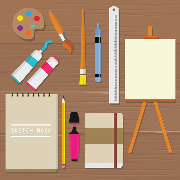 painting icon vector object palette paint tools equipment art brush canvas sketch book oil tube ruler pencil