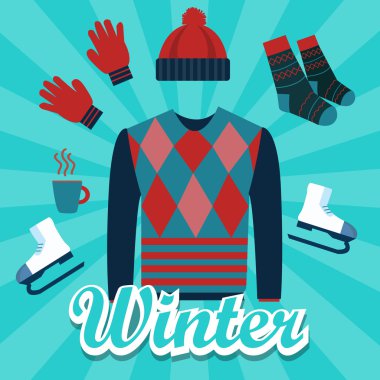 winter object icon set flat illustration items such as sweater, hat, hand glove, shocks, hot drinks, ice skating shoes clipart