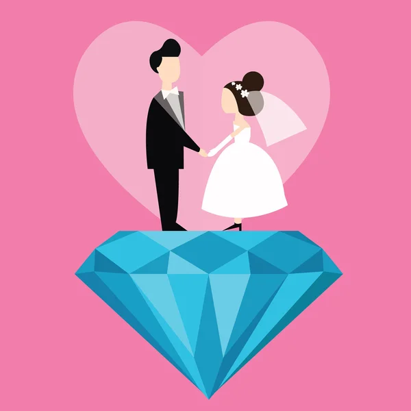 Homem mulher casado casamento noiva desenhos animados com diamante azul amor plana ilustração casal — Vetor de Stock