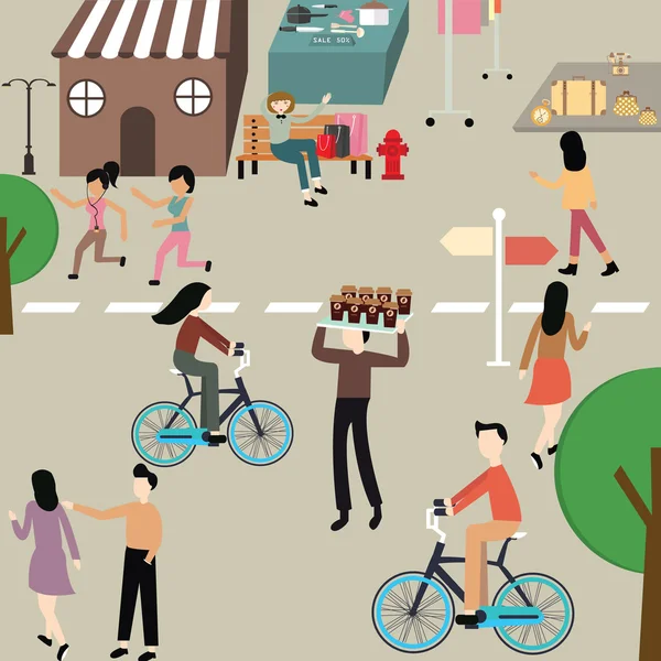 Cuidado día libre ilustración personas hombre mujer trotar bicicleta cuelgan alrededor de ejercicio deportivo en la calle — Archivo Imágenes Vectoriales