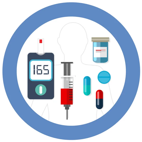 World diabetes day blue circle symbol with icon vector blood glucose test insulin drug pharmacy health care — Stock Vector