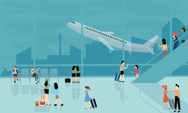 Menschen am Flughafen Vektor Reiseaktivitäten Illustration Abflug Ankunft Flug Flugzeug beschäftigt — Stockvektor