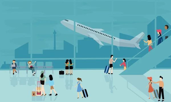 Persone in aeroporto vettore attività di viaggio illustrazione partenza arrivo volo aereo occupato — Vettoriale Stock