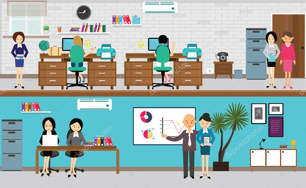 people working at office in flat vector illustration busy teamwork desk computer standing presentation