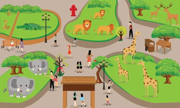 トップの風景から動物シーンのベクトル図の背景と動物園漫画人家族 — ストックベクタ