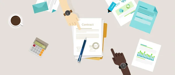 Meld u papier deal contract overeenkomst hand pen op Bureau twee mensen platte zakelijke illustratie vector — Stockvector