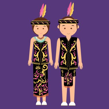 dayak kalimantan borneo Endonezya geleneksel giyim kadın elbise vektör karikatür kılık Asya