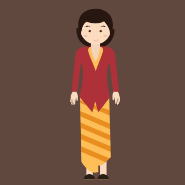Endonezya geleneksel giyim kadın elbise kebaya batik vektör karikatür java kostüm