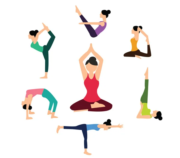 Vrouw yoga vormen positie fitness gezondheid kleur platte vector pilates — Stockvector