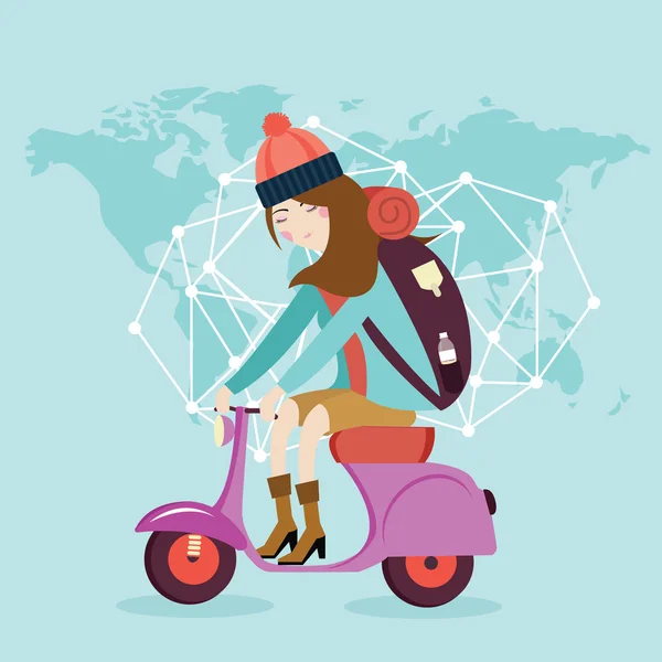 Mujer montando vespa bicicleta viajar por el mundo mapa bolsa — Vector de stock