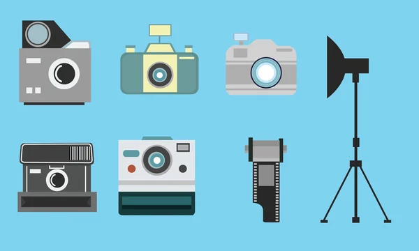 Camera vintage flat icon set film roll photography collection — Stock Vector