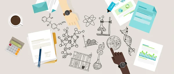 Wetenschap pictogram biologie lab schets tekening illustratie chemie laboratorium deskresearch samenwerken teamwerk — Stockvector