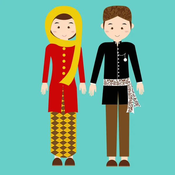 Ropa tradicional betawi jakarta indonesia vector de tela étnica pareja pakaian adat — Vector de stock