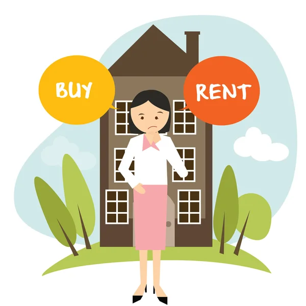 Vásárolni vagy kiadó ház home apartment nő úgy dönt, vektoros illusztráció vásárol bérbeadás — Stock Vector