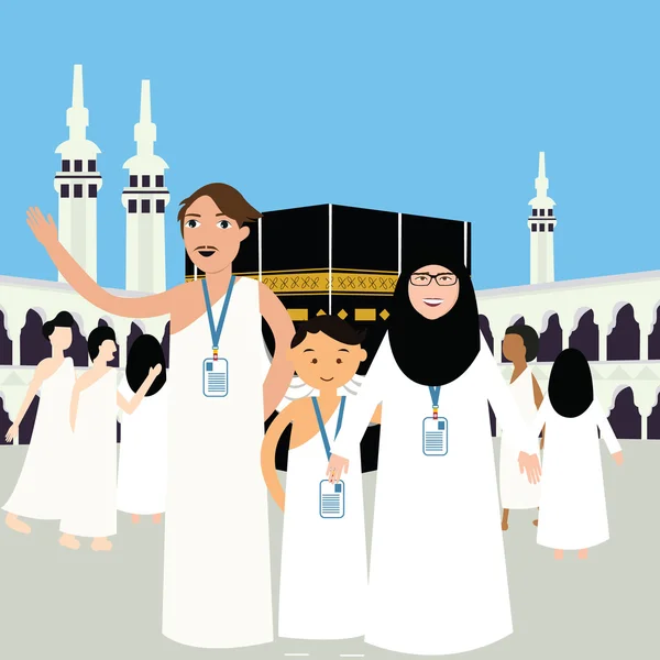 Familia haj hajj peregrino hombre padre madre mujer niños usando islam hijab ihram ropa vector ilustración meca kaba kabba kaba — Archivo Imágenes Vectoriales