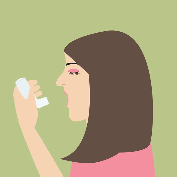 Άσθμα γυναίκα, κρατώντας τη συσκευή εισπνοών illnes διάνυσμα γελοιογραφία επίπεδη illustrationj αναπνοή ιατρική για την υγεία — Διανυσματικό Αρχείο