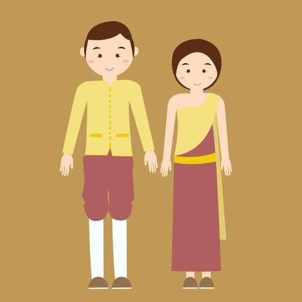 Couple homme femme portant thai costume traditionnel vêtements robe mâle femelle vecteur illustration — Image vectorielle