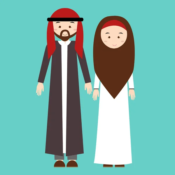 Couple homme femme portant arabe arabe costume traditionnel vêtements robe mâle femelle vecteur illustration — Image vectorielle