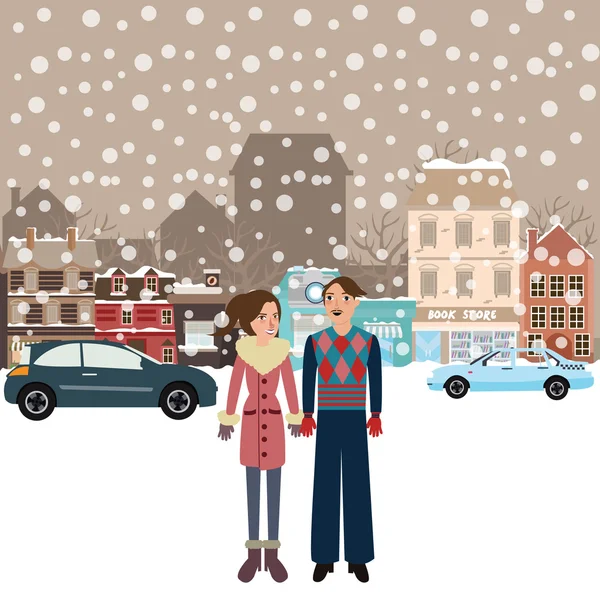 Kaç kadın erkek kadın ayakta kar kış giyen ceket araba üzerinde sokak şehir düşen adam — Stok Vektör