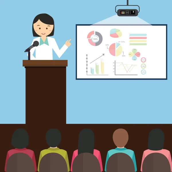 Mujer chica mujer dar presentación presentación gráfico informe discurso delante de la audiencia vector ilustración — Archivo Imágenes Vectoriales