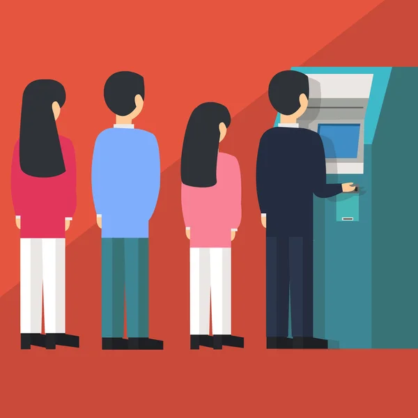 Människor som väntar i linje kön att dra pengar från självbetjäning Atm Automated Teller Machine cartoon vektor illustration — Stock vektor