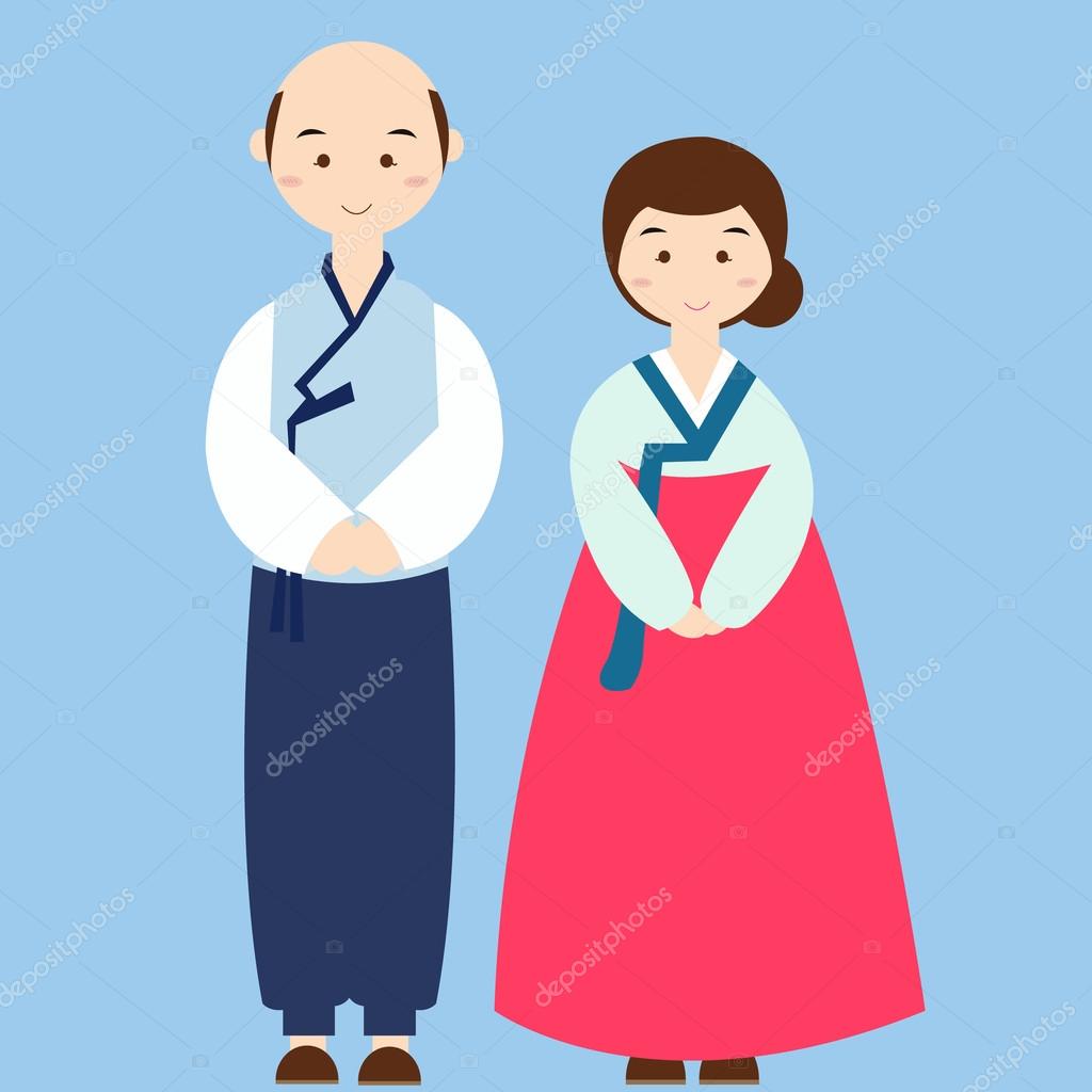 韓国の伝統的な服を着てカップル衣装アジア結婚式ドレス — ストック