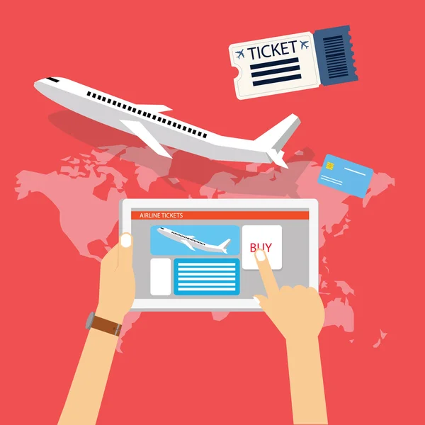 Забронировать билет на самолет онлайн через интернет для путешествий с планшетным компьютером — стоковый вектор