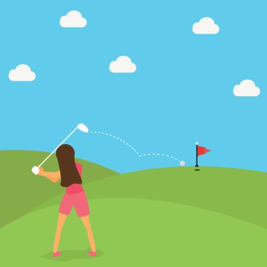 kadın oyun golf topu üzerinde yeşil çizgi film koymak.