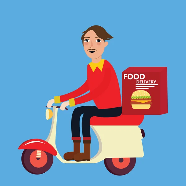 Hombre entrega comida rápida hamburguesa scooter moto — Vector de stock