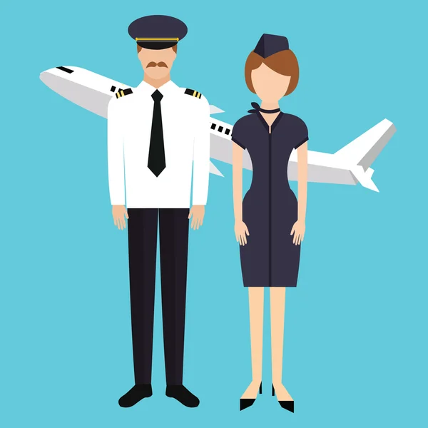 Vlucht piloot stewardess cabinepersoneel aanwezigheid in uniforme vlak — Stockvector