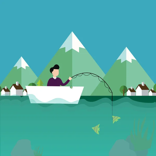Hombre pescando en barco con paisaje de montaña detrás — Vector de stock