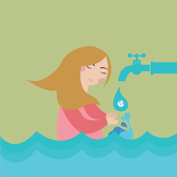 Economizar água mulher inundação gota de ilustração vetorial — Vetor de Stock
