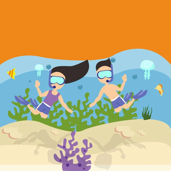 Man woman couple snorkeling scuba diving under water sea coral reef — Stock Vector