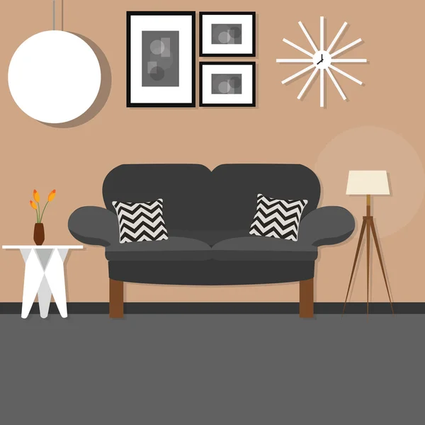 Sala de estar con sofá pequeño escritorio colgante y lámpara de pie pared marrón oscuro — Vector de stock